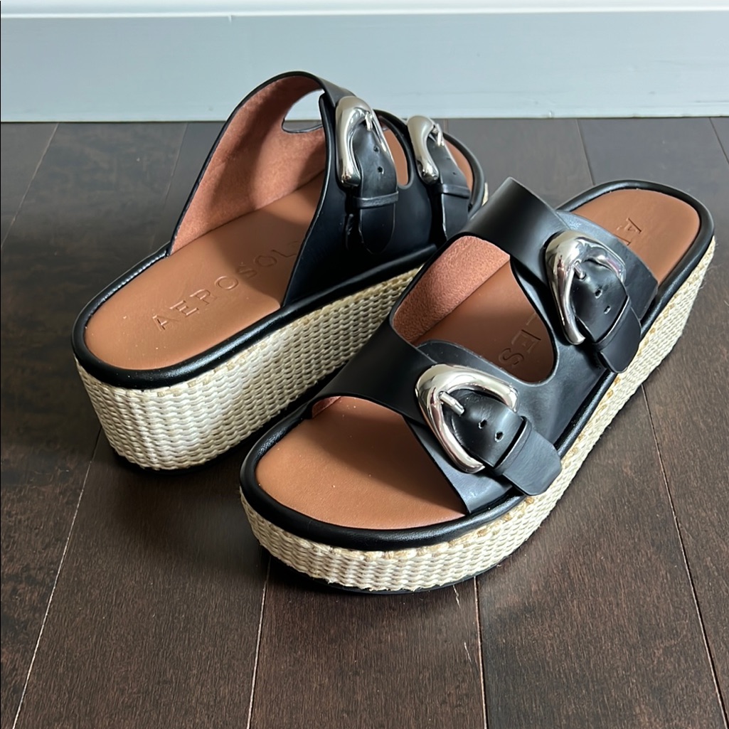 Aerosoles Darcy Wedge Black Platform Espadrille Sandals Sz 8.5 Like New